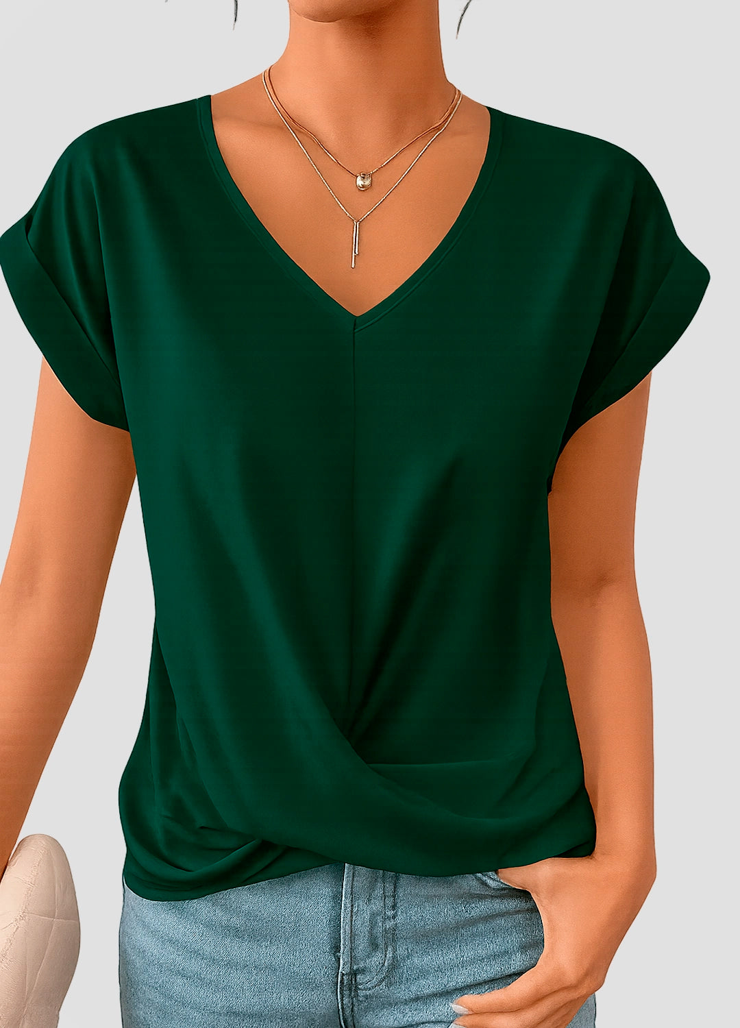 Draped V-Neck Blouse with Rolled Sleeves