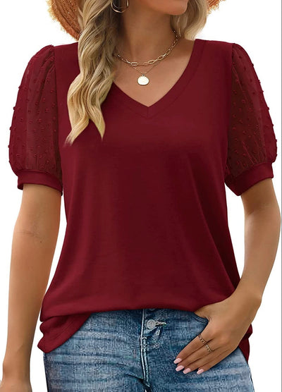 Elegant White V-Neck Blouse with Sheer Puff Sleeves