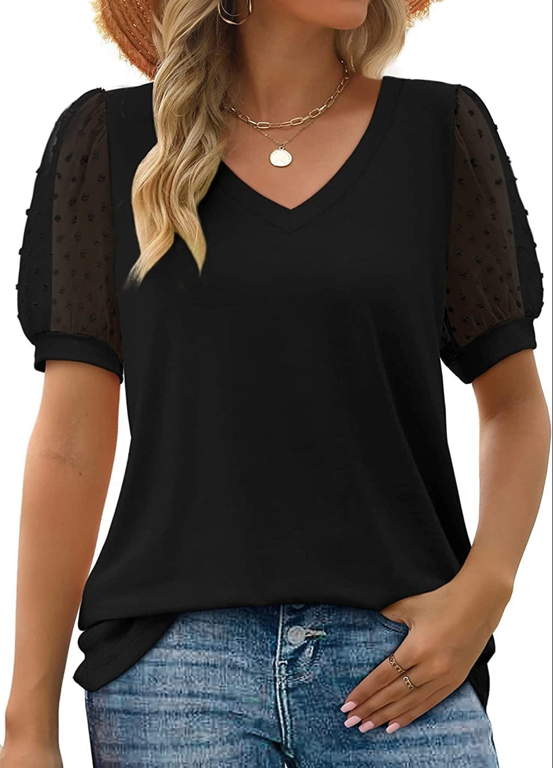 Elegant White V-Neck Blouse with Sheer Puff Sleeves