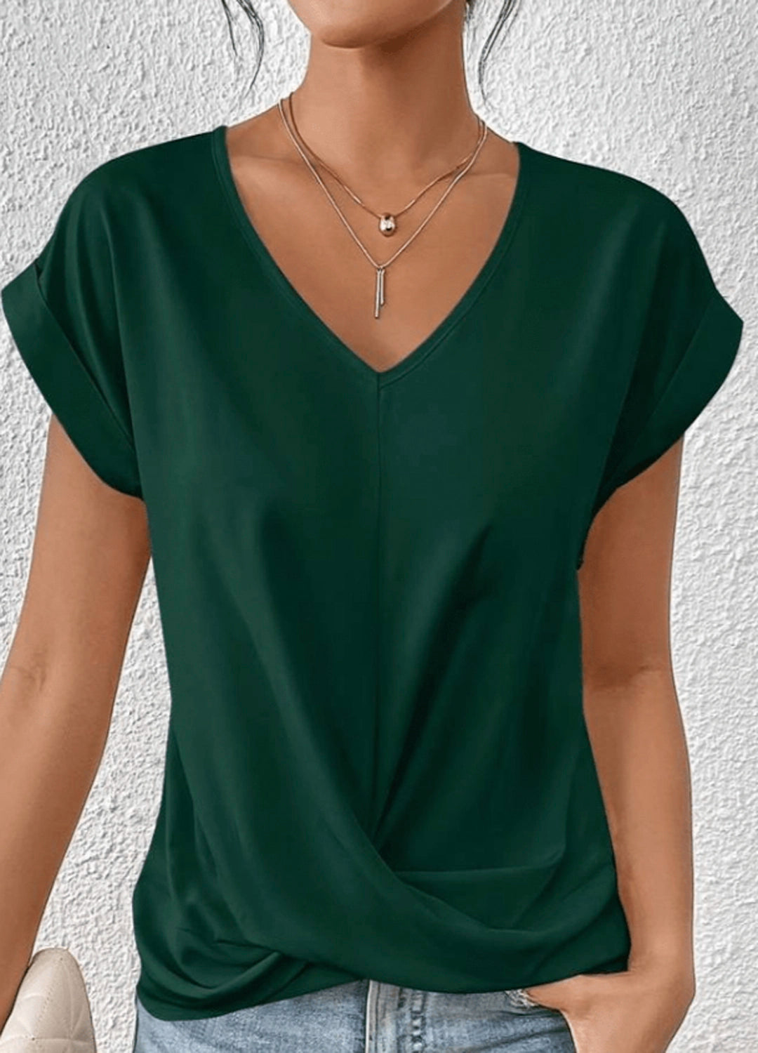 Draped V-Neck Blouse with Rolled Sleeves