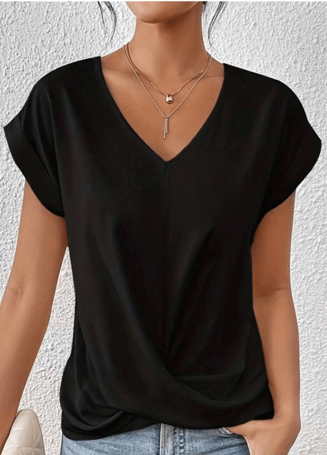 Draped V-Neck Blouse with Rolled Sleeves