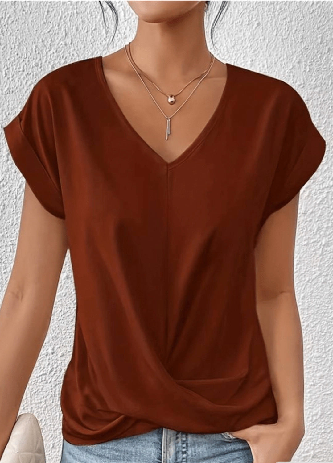 Draped V-Neck Blouse with Rolled Sleeves