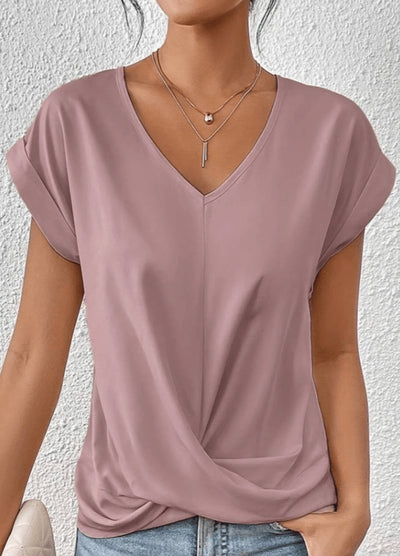 Draped V-Neck Blouse with Rolled Sleeves
