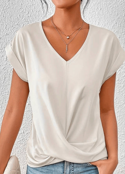 Draped V-Neck Blouse with Rolled Sleeves
