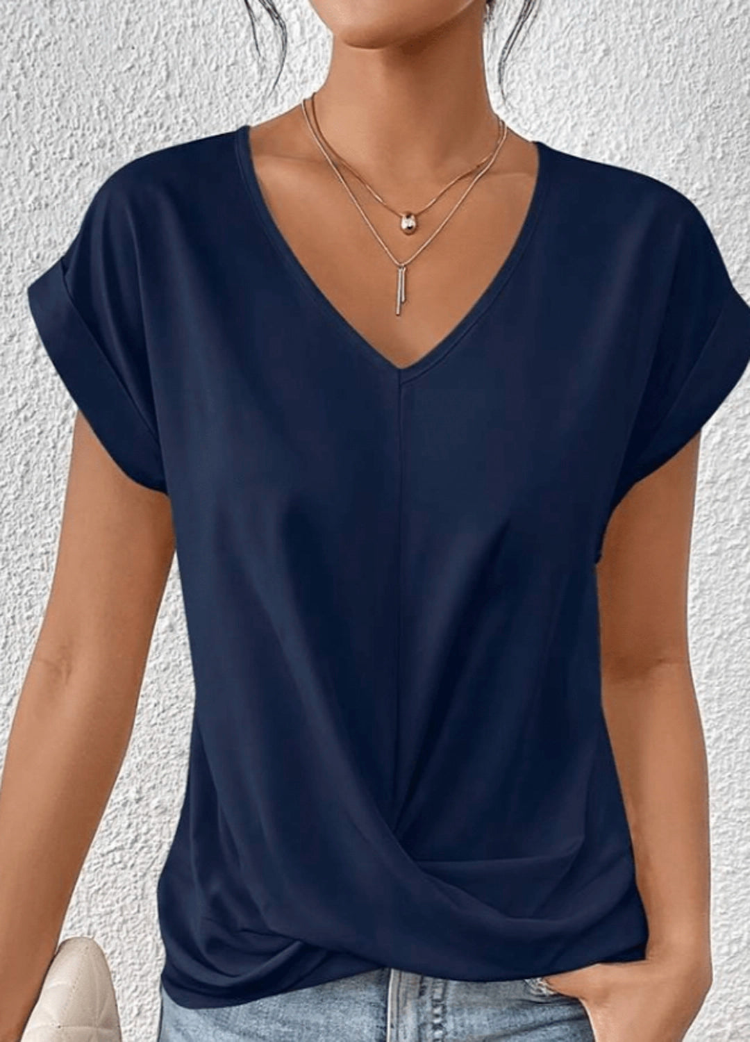Draped V-Neck Blouse with Rolled Sleeves