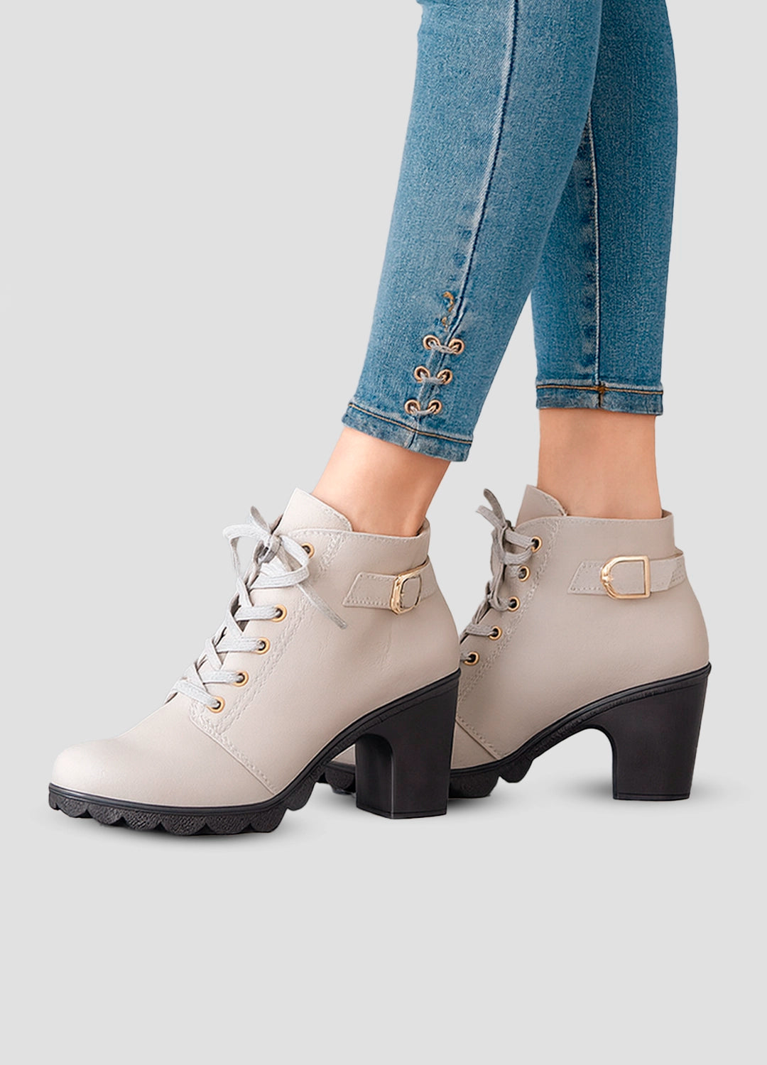 Lace-Up Ankle Boots with Block Heel and Buckle Detail