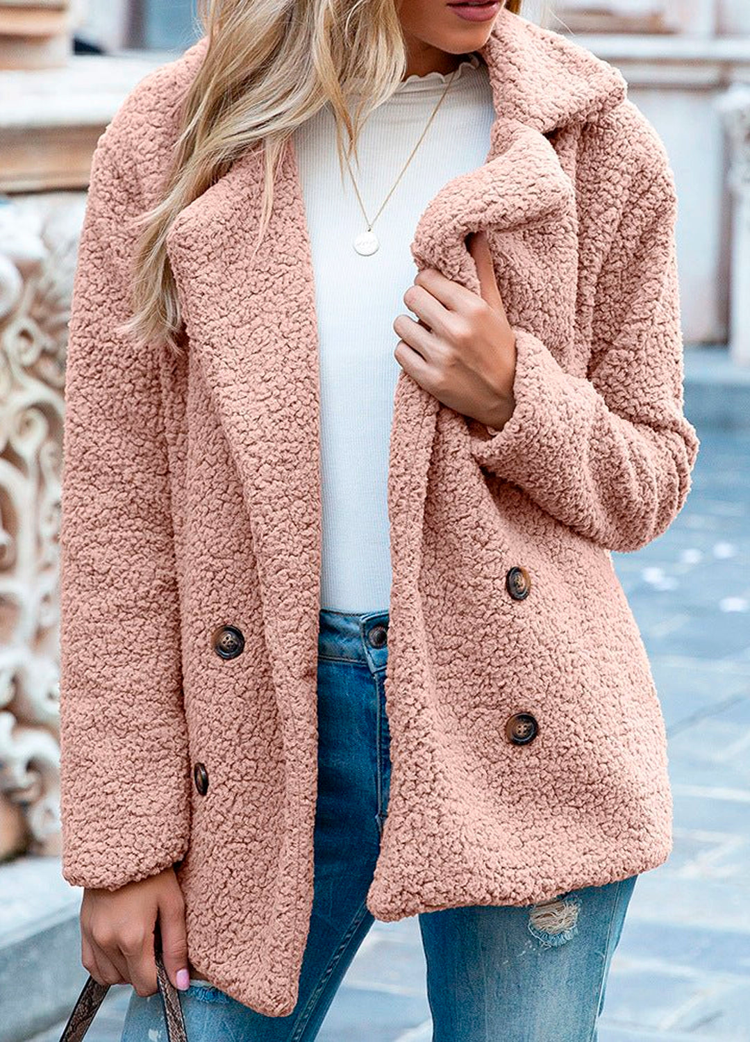 Classic Teddy Wool Button Coat in Beige