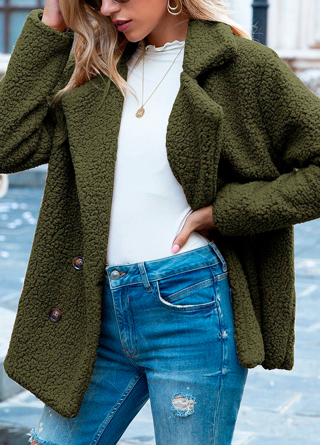 Classic Teddy Wool Button Coat in Beige