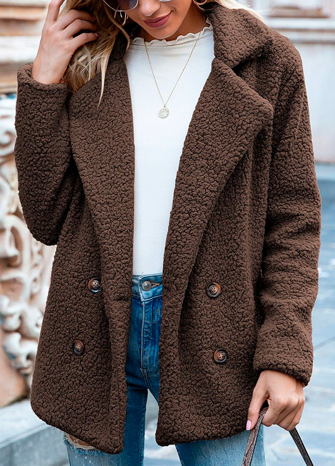 Classic Teddy Wool Button Coat in Beige