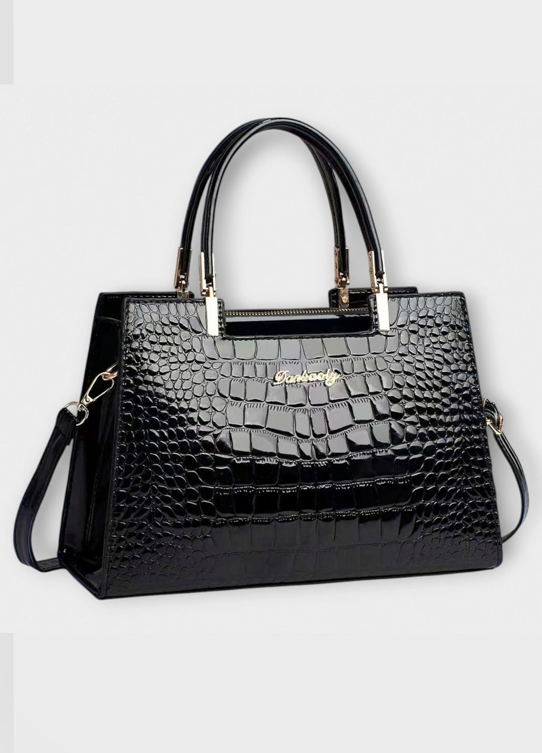 Black Croc-Embossed Structured Tote Bag
