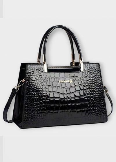 Black Croc-Embossed Structured Tote Bag