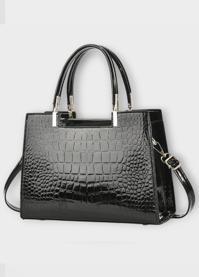 Black Croc-Embossed Structured Tote Bag