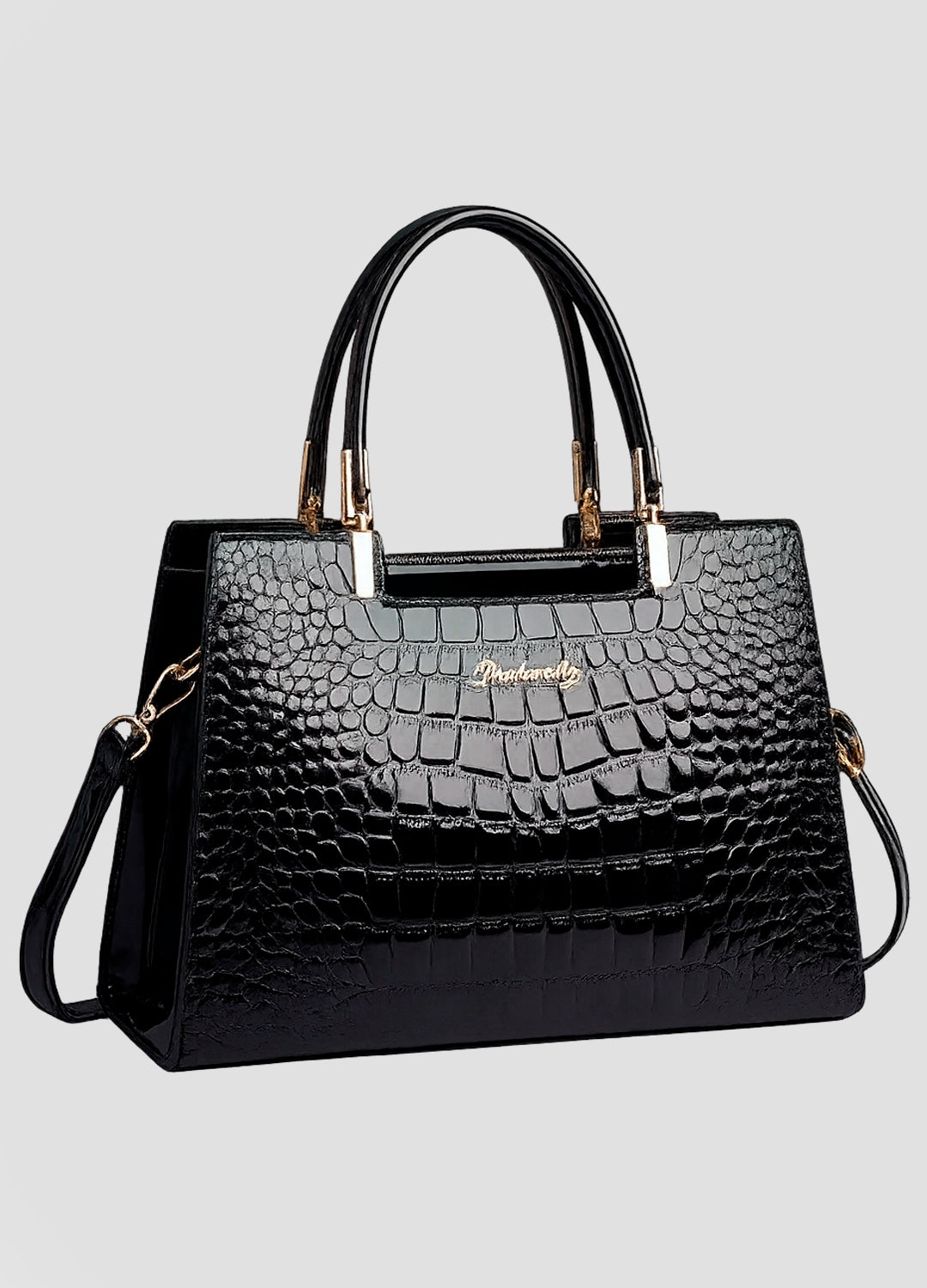 Black Croc-Embossed Structured Tote Bag
