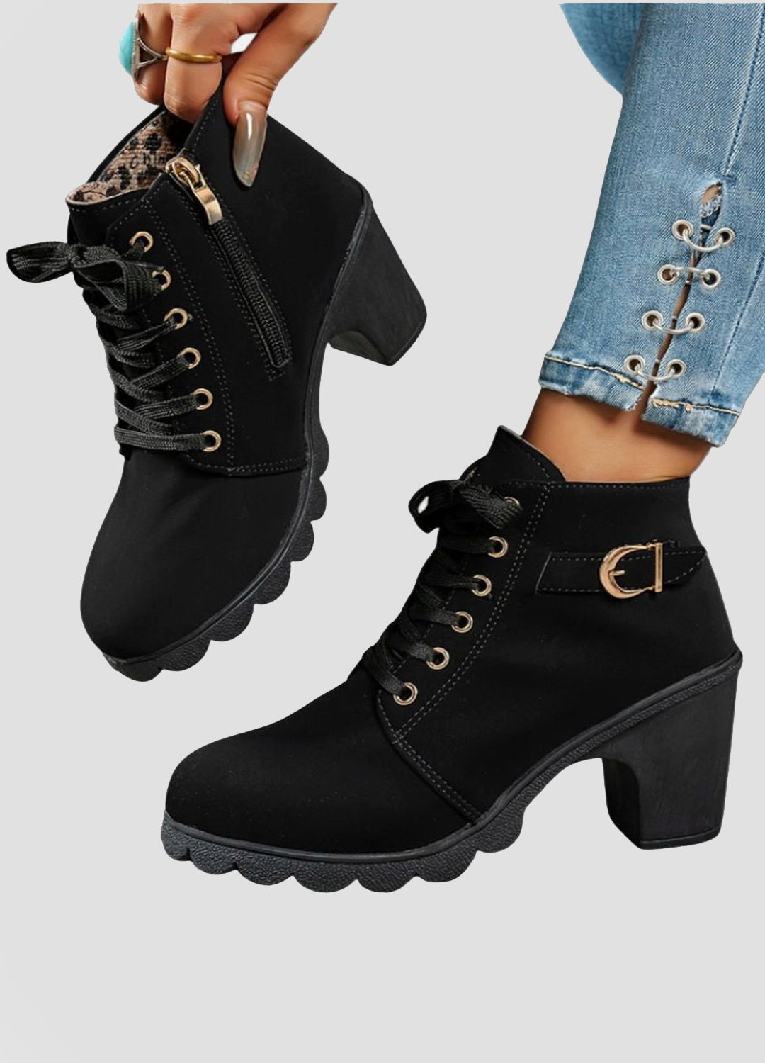 Lace-Up Ankle Boots with Block Heel and Buckle Detail