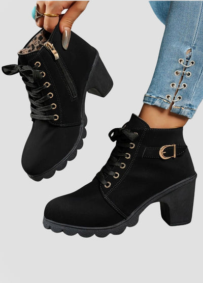 Lace-Up Ankle Boots with Block Heel and Buckle Detail