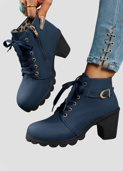 Lace-Up Ankle Boots with Block Heel and Buckle Detail