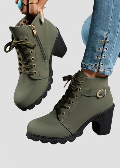 Lace-Up Ankle Boots with Block Heel and Buckle Detail