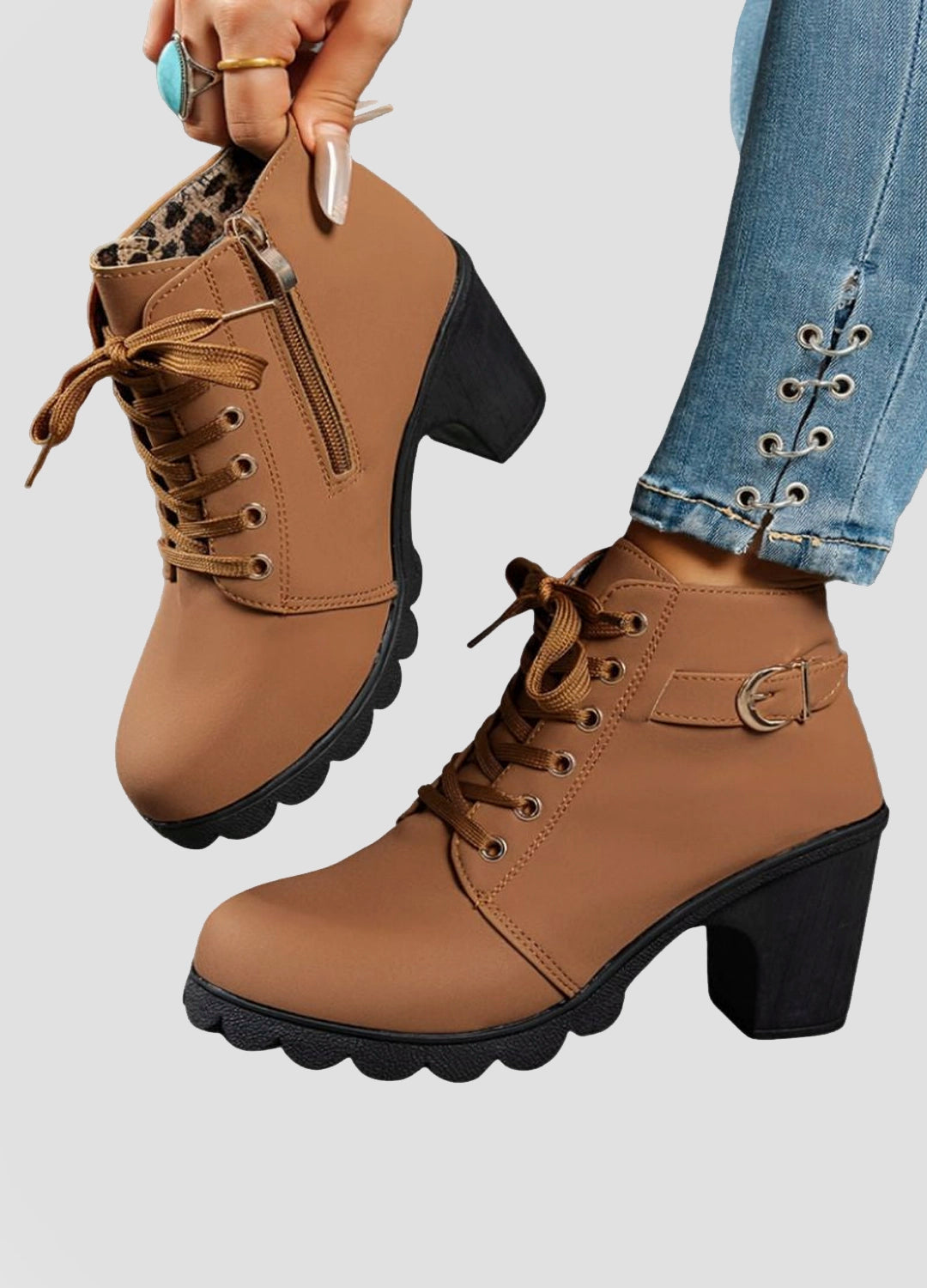 Lace-Up Ankle Boots with Block Heel and Buckle Detail