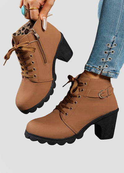 Lace-Up Ankle Boots with Block Heel and Buckle Detail