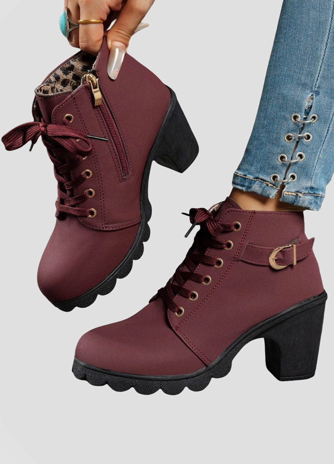 Lace-Up Ankle Boots with Block Heel and Buckle Detail