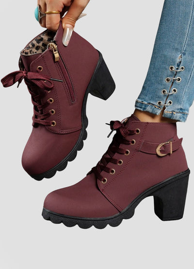 Lace-Up Ankle Boots with Block Heel and Buckle Detail