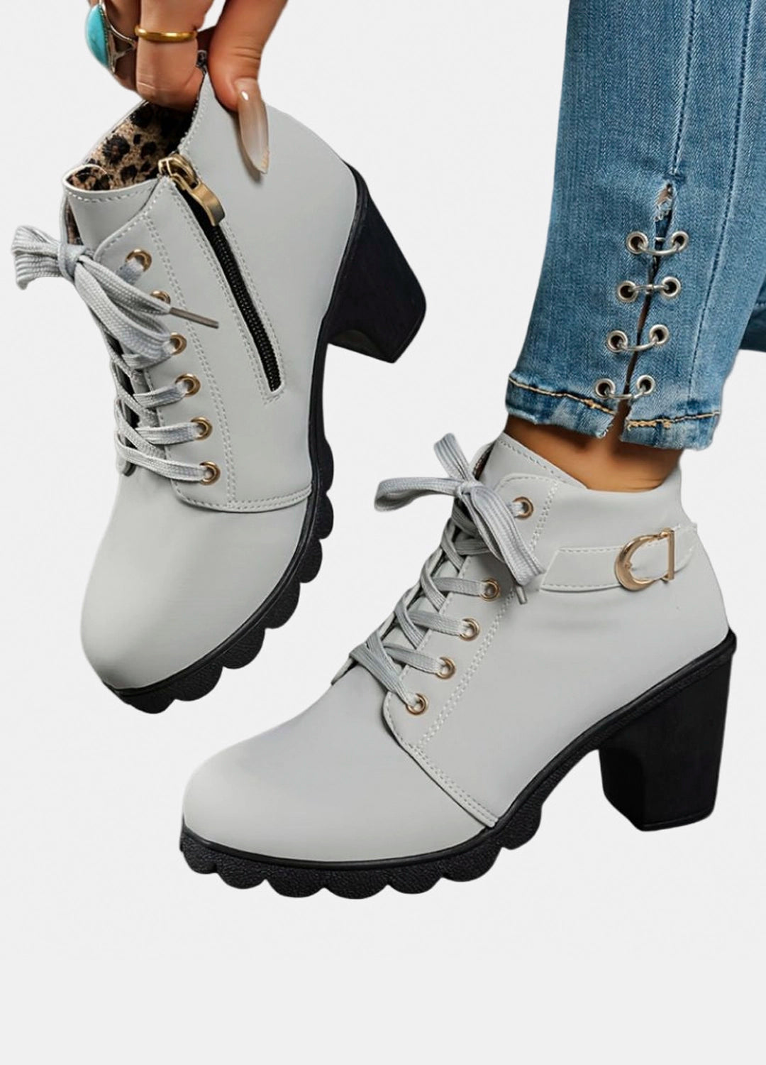 Lace-Up Ankle Boots with Block Heel and Buckle Detail
