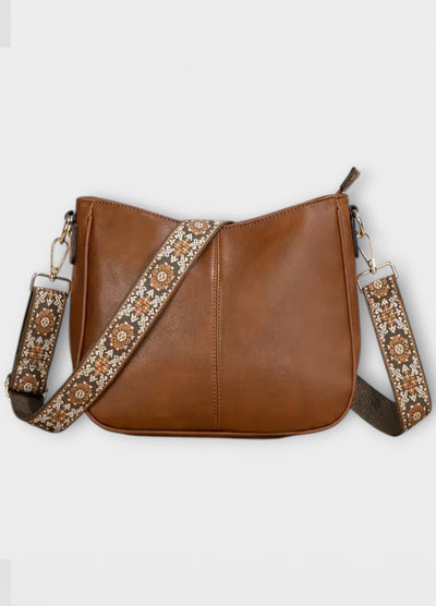 Tan Shoulder Bag with Embroidered Strap