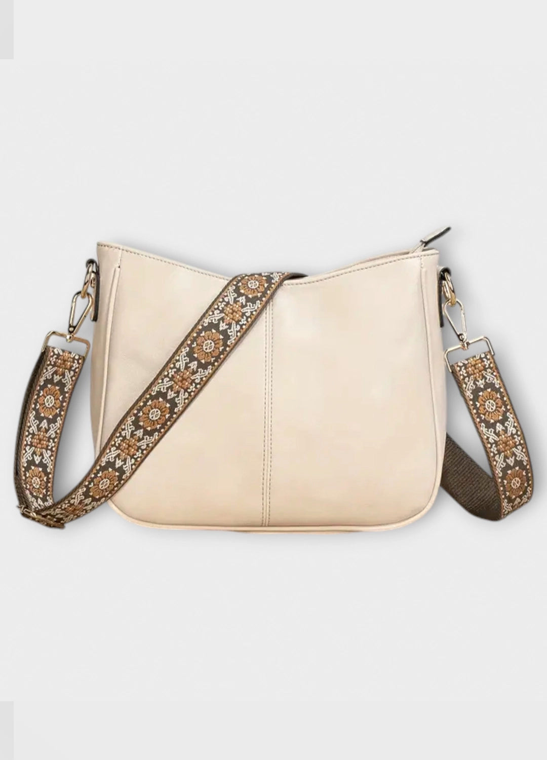 Tan Shoulder Bag with Embroidered Strap