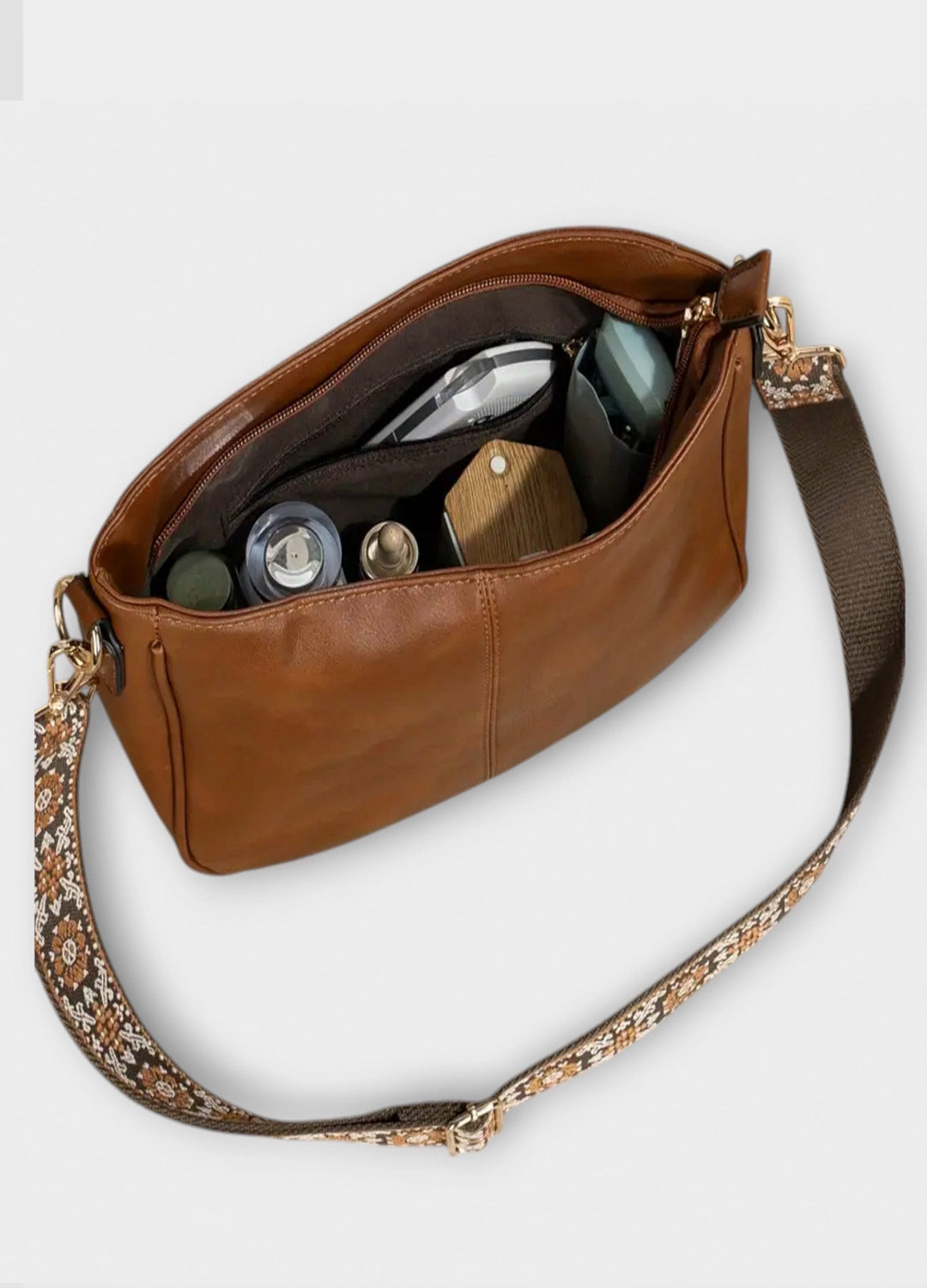 Tan Shoulder Bag with Embroidered Strap