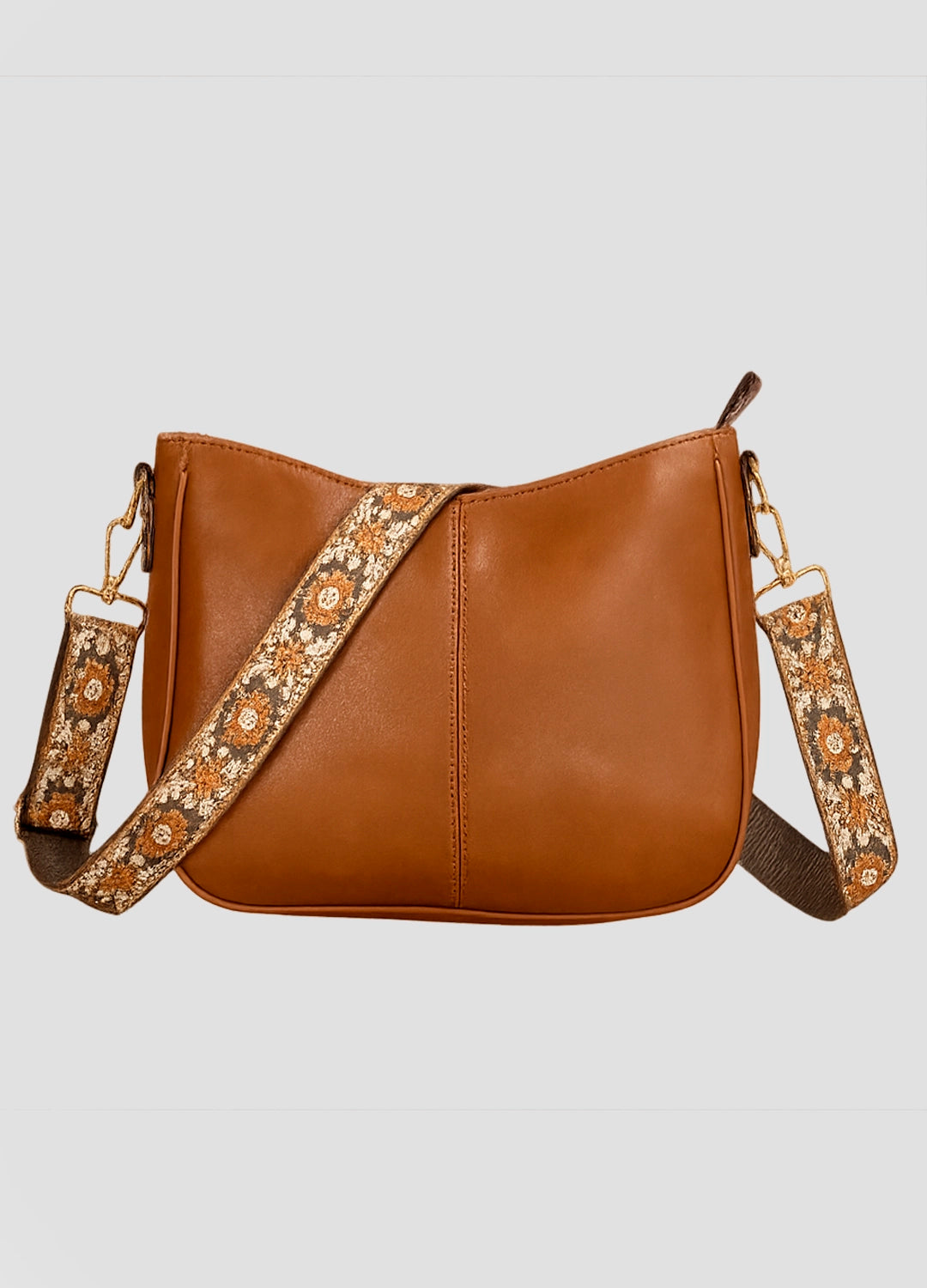 Tan Shoulder Bag with Embroidered Strap